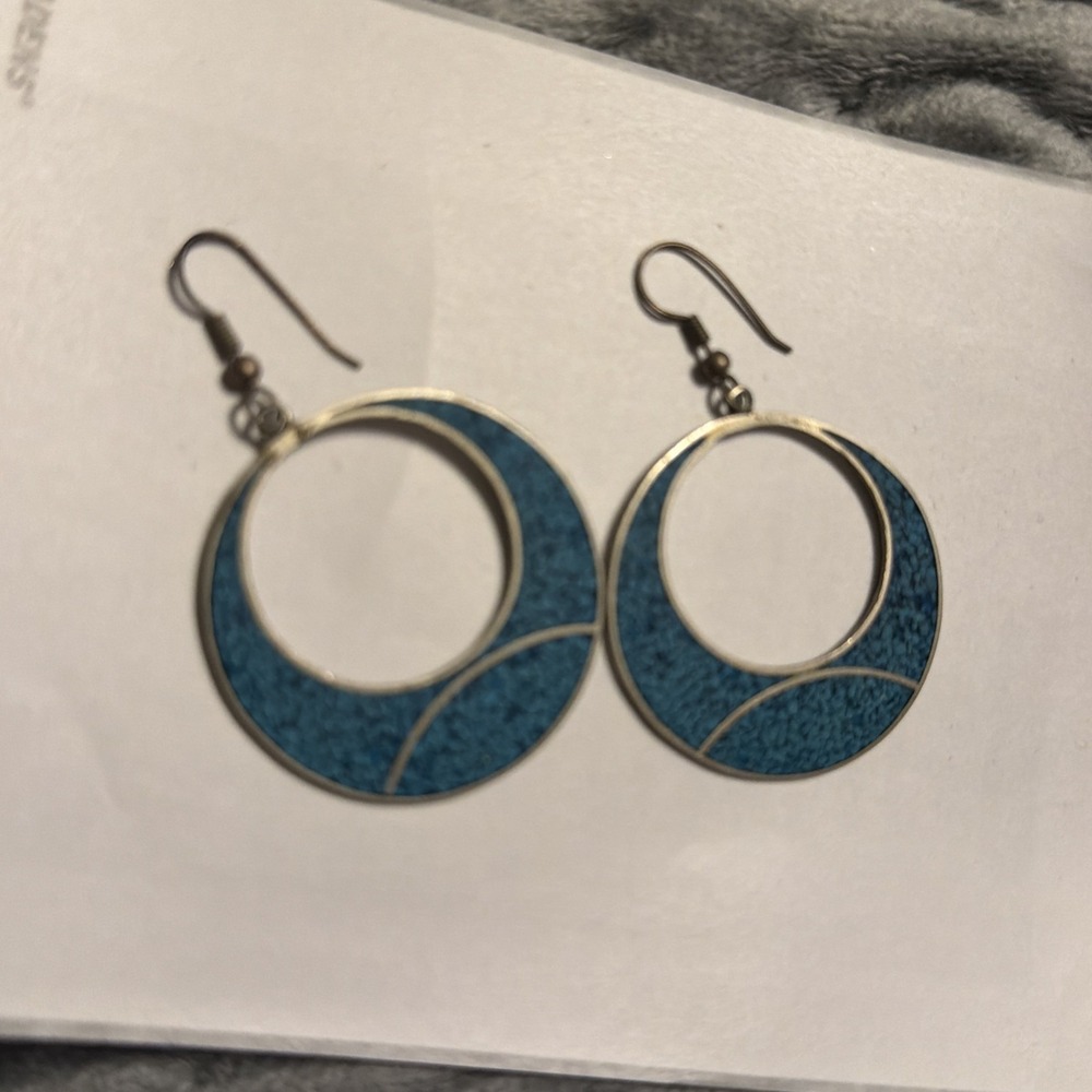 Vintage Alpaca Silver & Crushed Turquoise Dangle Hoop Earrings